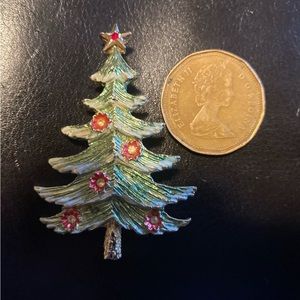 Vintage Signed B.J. Christmas Tree Enamel Flowers Retro Pin Brooch